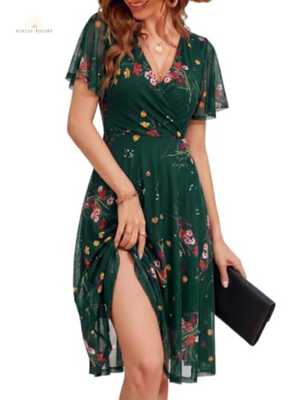 Women's Floral Wrap V Neck Mesh Short Sleeve A-Line Midi Cocktail Dress